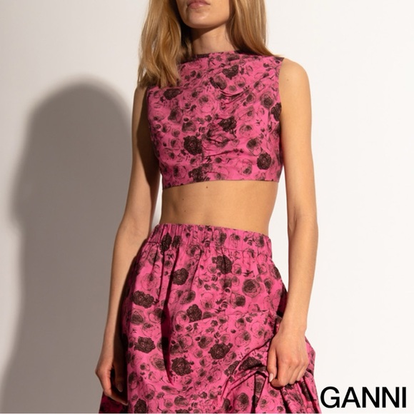 GANNI **NWT** Asymmetrical Ruched Lace-Up Top in Pink Rose Print - Picture 11 of 16